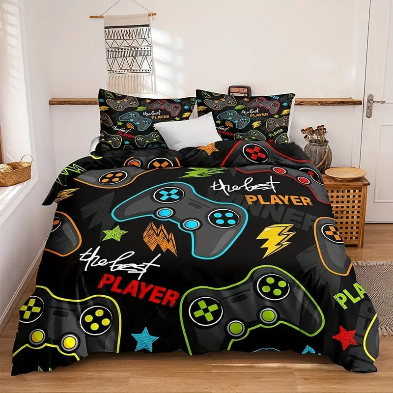 Gamer Duvet Cover Set - Video Game Bedding for Home and Living Room - Includes Duvet Cover and Pillowcases (1/2 Set) - Perfect for Gamers