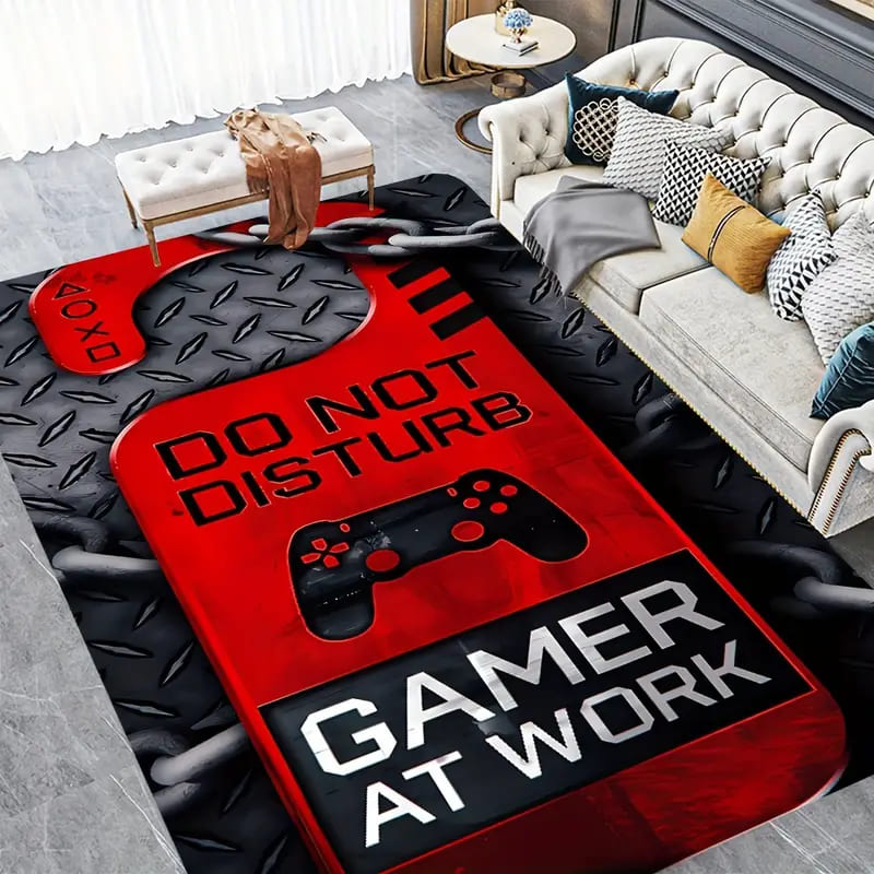 'Do Not Disturb Gamer At Work' Red Game Machine Pattern Floor Mat, Non Slip Floor Mat For Living Room And Bedroom